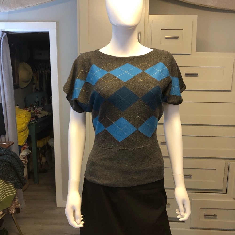 Charcoal gray and teal argyle sweater